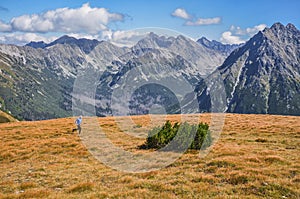 Trail runner in mountains. Edit space