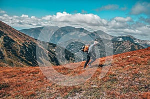 Trail runner on mountains meadow. Beautiful hills in background. Scenery, adventure, athletics sport concept photo