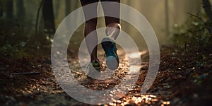 Trail runner running on forest path at dawn with abstract bokeh light. Generative AI
