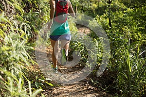 Trail runner running in morning forest