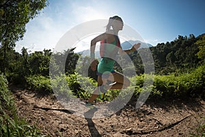 Trail runner running in morning forest