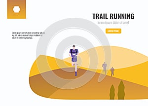 Trail Runners running on the mountain. beautiful scenery Background. vector illustration