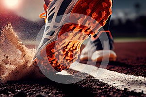 Trail running athlete exercising for fitness and health outdoors plowed field, closeup of running shoes in action