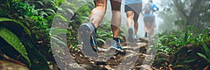 Trail running shoes on a forest path, lush greenery, and a misty backdrop.