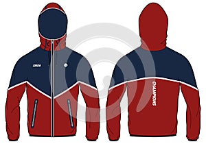 Trail running Windcheater Hoodie jacket design flat sketch Illustration, Hooded windbreaker jacket with front and back view, photo