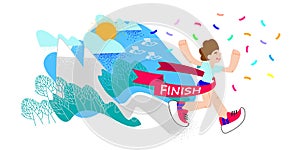 Trail Running, winner. Runner crossing finish line with red ribbon. Finisher of marathon with confetti. Athlete running