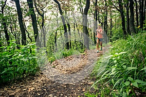 Trail running woman in green forest. Endurance sport.