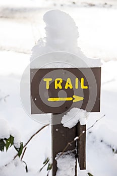 A trail sign covered with snow in the Smoky Mountains.