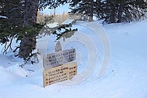 A trail sign is nearly buried by the snow.