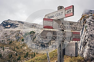 Trail signs in Cinque Torri in Cortina D`Ampezzo, Dolomites, Ita photo