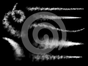 Trail smoke plane. White airplane trails takeoff jet. Missile, shuttle or spaceship contrails, falling comet or meteor