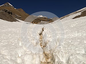 The trail in the snowy mountains