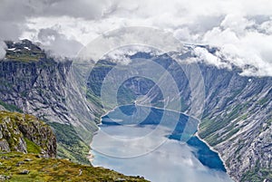 Trail to Trolltunga rock. Ringedalsvatnet lake, Norway