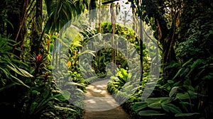 A Trail Through A Tropical Jungle With Vibrant Plants. Generative AI