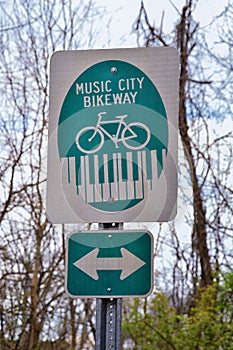 Trail and warning signs along the Shelby Bottoms Greenway and Natural Area Cumberland River frontage trails, Music City Nashville, photo