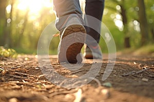 Trailblazing stride, Close-up of man\'s legs walking on park trail
