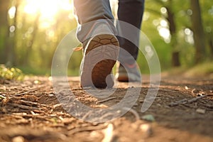 Trailblazing stride, Close-up of man\'s legs walking on park trail photo