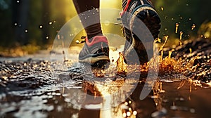 Trailblazing Sunrise. Runner\'s Journey Through Puddles at Sunrise. Generative AI photo