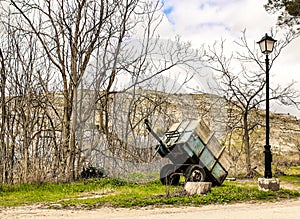 Trailer abandoned in the coutryside and next to a streetlight