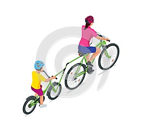 Trailer cycle or Bicycle attachment. Co-pilot bicycle mother and young son bicycling together on a tandem bike in the photo