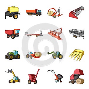 Trailer, dumper, tractor, loader and other equipment. Agricultural machinery set collection icons in cartoon style