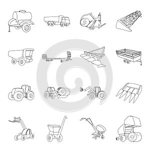 Trailer, dumper, tractor, loader and other equipment. Agricultural machinery set collection icons in line style vector