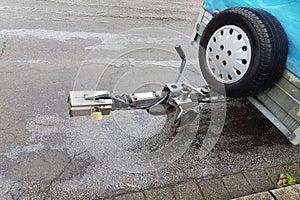 Trailer hitch on a trailer for pulling a trailer on a car.