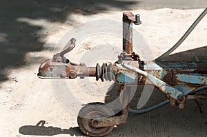 Trailer hook hitch with clipping mechanism and jockey wheel close up, selective focus