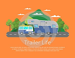 Trailer life poster with camping trailer on road