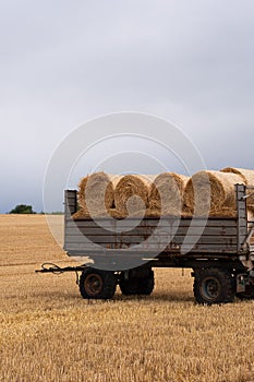 Trailer loaded with round bales of hay