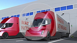 Trailer trucks with MADE IN NETHERLANDS text being loaded or unloaded at warehouse. Dutch business related 3D rendering