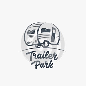 Trailer or Van Park Vector Logo Template. Silhouette Tourism Icon. Label with Retro Typography.