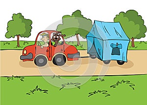 The trailering. Driver with a dog ride in the car with a tent on the trailer. Cartoon vector illustration.