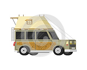 Trailers or family RV camping caravan. Tourist bus and tent for outdoor recreation and travel. Mobile home truck. Suv