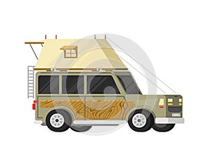Trailers or family RV camping caravan. Tourist bus and tent for outdoor recreation and travel. Mobile home truck. Suv photo