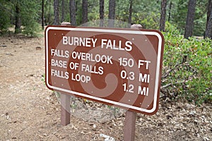 Trailhead information sign for trails around Burney Falls in McArthur-Burney Falls waterfall state park in California