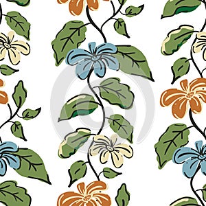 Trailing florals vector seamless pattern background. Arts and crafts style ochre, blue flowers, green foliage on white