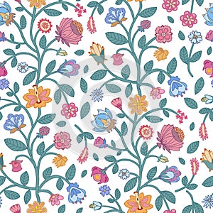 Trailing multicoloured floral seamless pattern on white background. Indian floral style pattern.