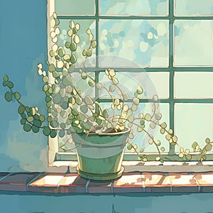 Trailing potted plant windowsill foliage spilling over clear blue sky illustration