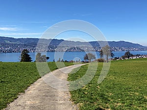 Trails for walking, sports and recreation through the pastures and settlements above Lake Zurich Zurichsee or Zuerichsee