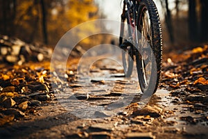 Trailside mountain bike flat tire emphasized through selective focus, adventure temporarily halted