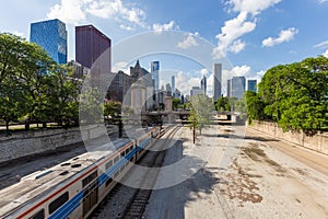 Train approaching Chicago downtown