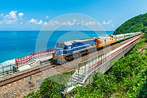 Train approaching the Duoliang Station in Taitung