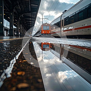 Train Arriving at a Rainy Station Platform