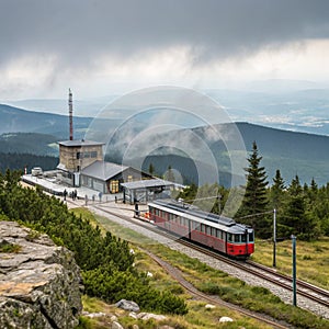 Train Arriving at the Top of the Mountain. Train Arriving at the Brocken, the Highest Mountain in the Harz Mountain Range in photo