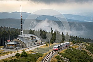 Train Arriving at the Top of the Mountain. Train Arriving at the Brocken, the Highest Mountain in the Harz Mountain Range in photo