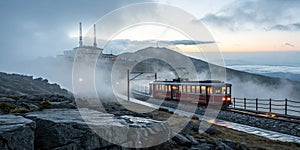 Train Arriving at the Top of the Mountain. Train Arriving at the Brocken, the Highest Mountain in the Harz Mountain Range in photo