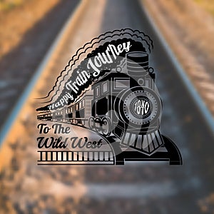 Train background with old locomotive with wagons and text happy train journey in smoke label on rails blur photo