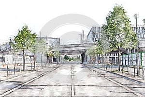 Train bridge across an empty street in downtown Berlin - Color pencil sketch drawing