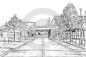 Train bridge across an empty street in downtown Berlin - Pencil sketch drawing